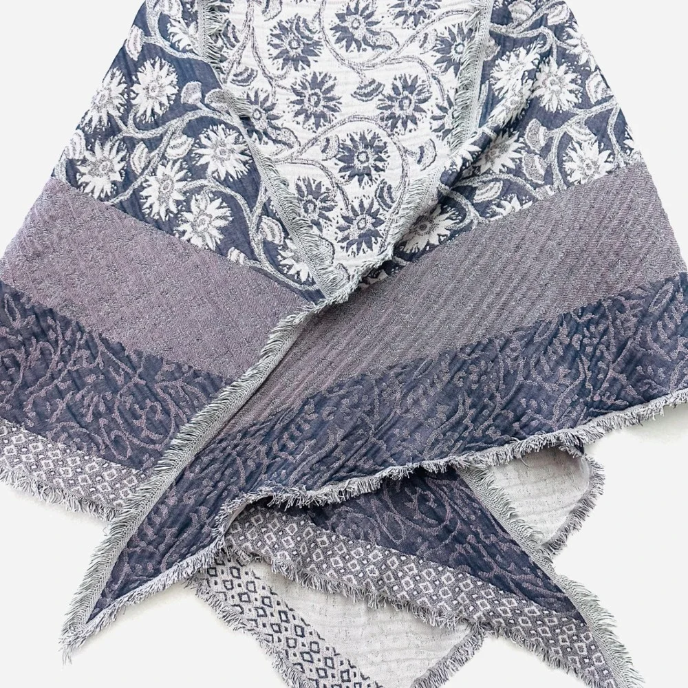 Pure J. Jill Floral Gauze Cotton Jacquard Fringe Shawl Triangle Scarf Textured